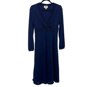 Talbots Navy Blue Beaded Long Sleeve Midi Jersey Knit Dress Sz 8